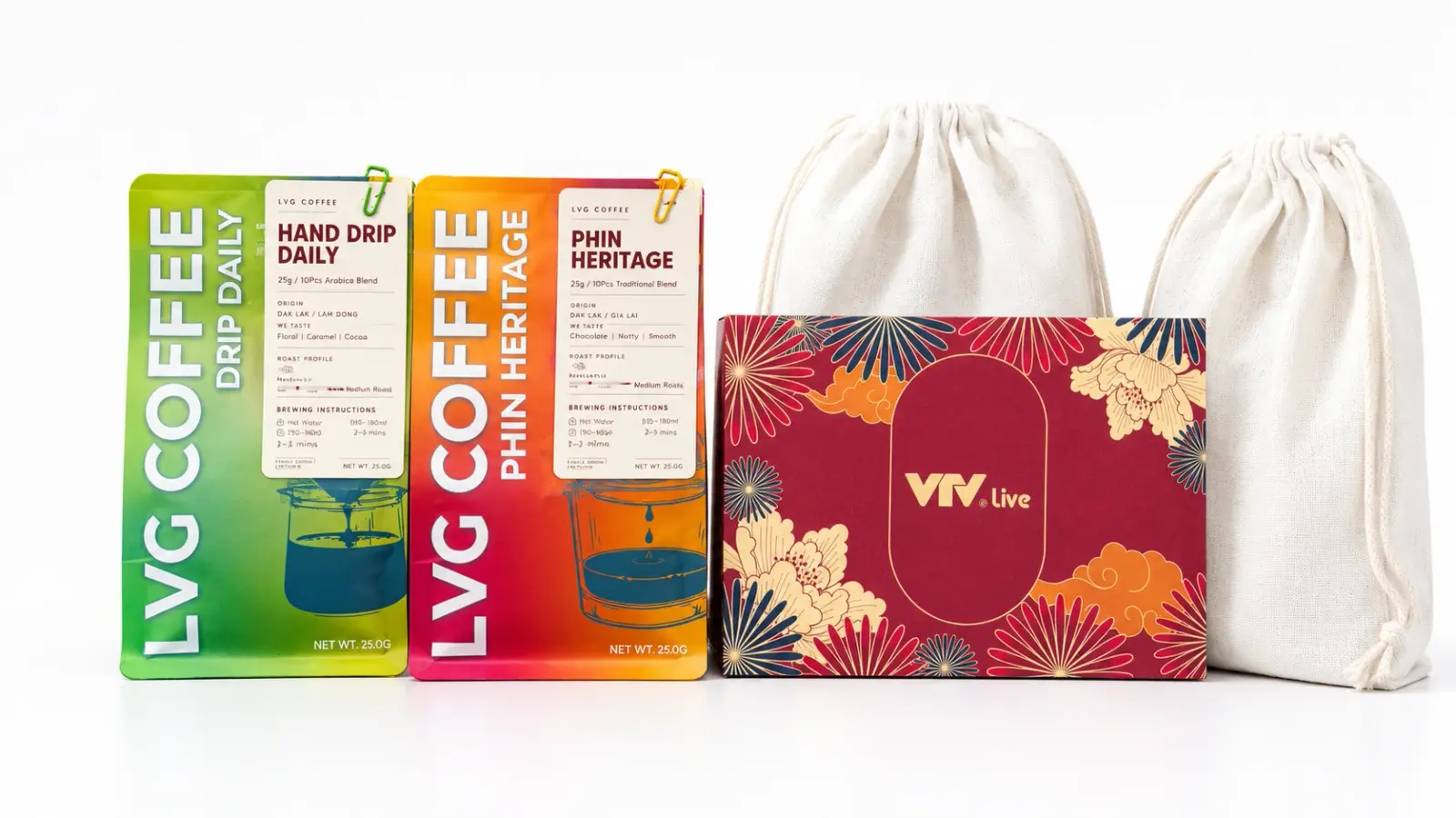 Cà phê túi lọc, hộp cứng và túi vải thiết kế riêng