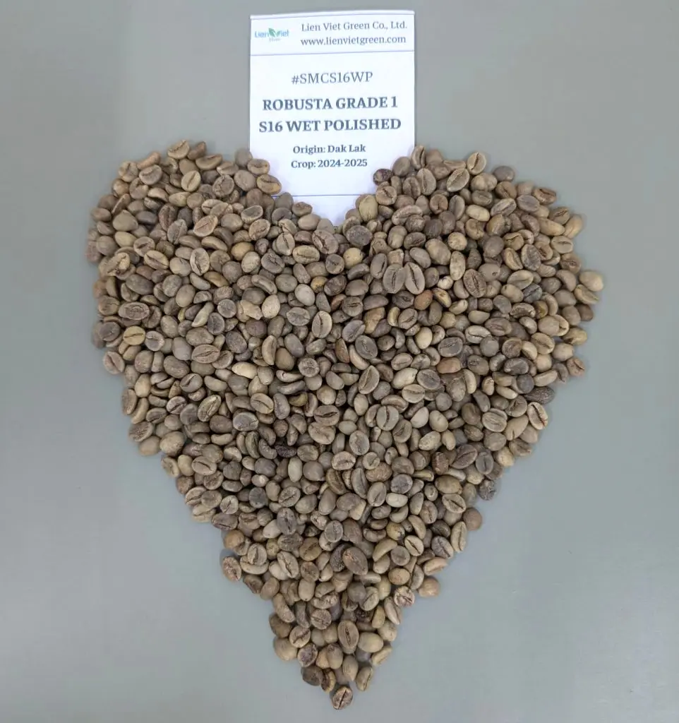 Cà phê nhân Robusta Grade 1 S16 Wet Polished SMCS16WP xếp hình trái tim