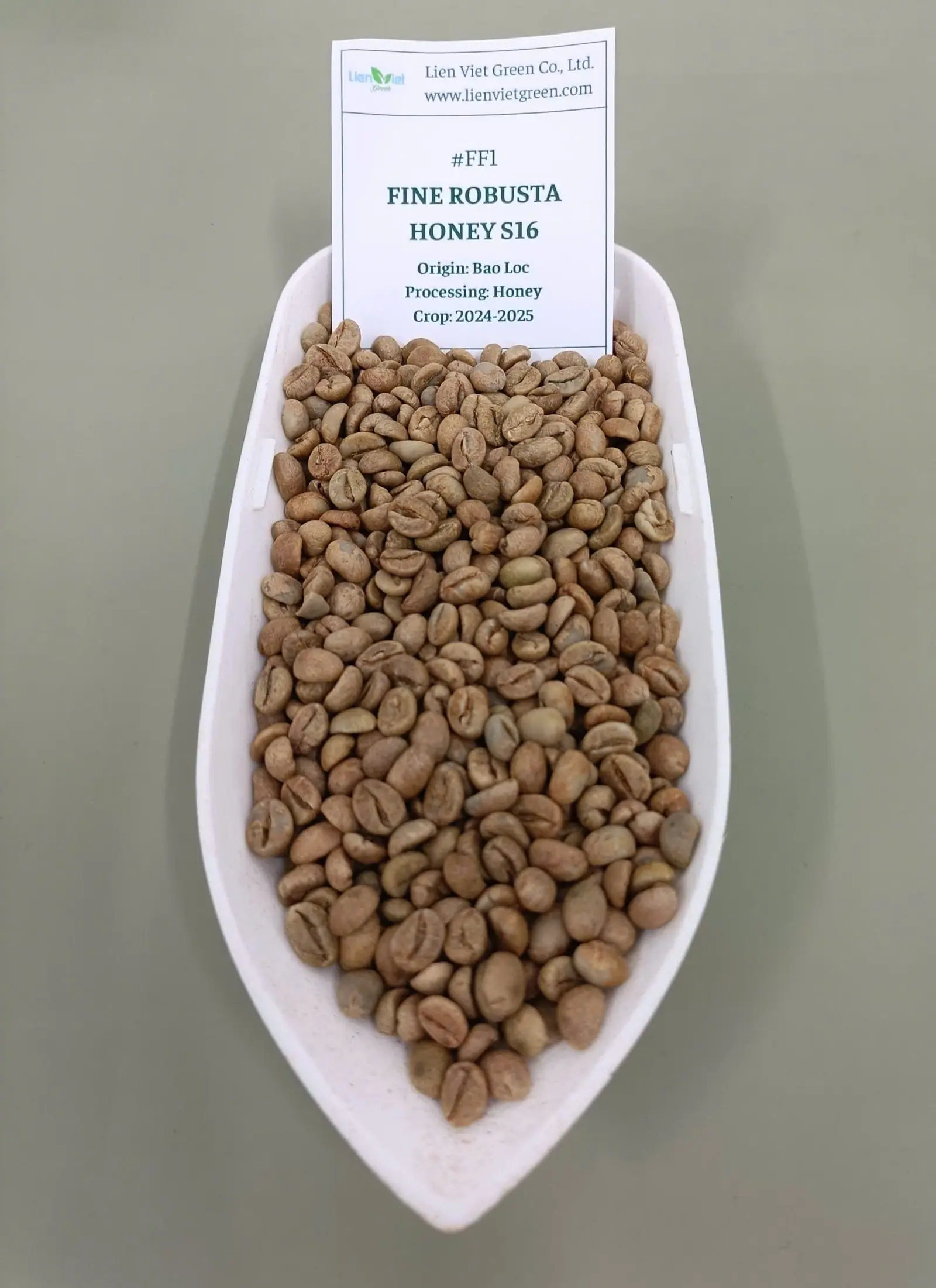 Khay đựng mẫu cà phê nhân Fine Robusta FF1 Honey Bảo Lộc kèm nhãn