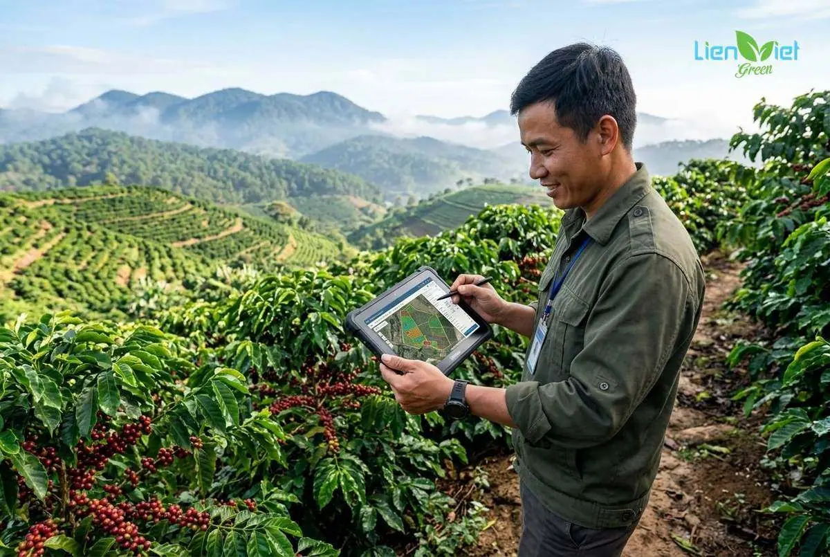 Kỹ sư nông nghiệp ứng dụng máy tính bảng định vị tọa độ GPS đa giác nông hộ cà phê đáp ứng chuẩn EUDR