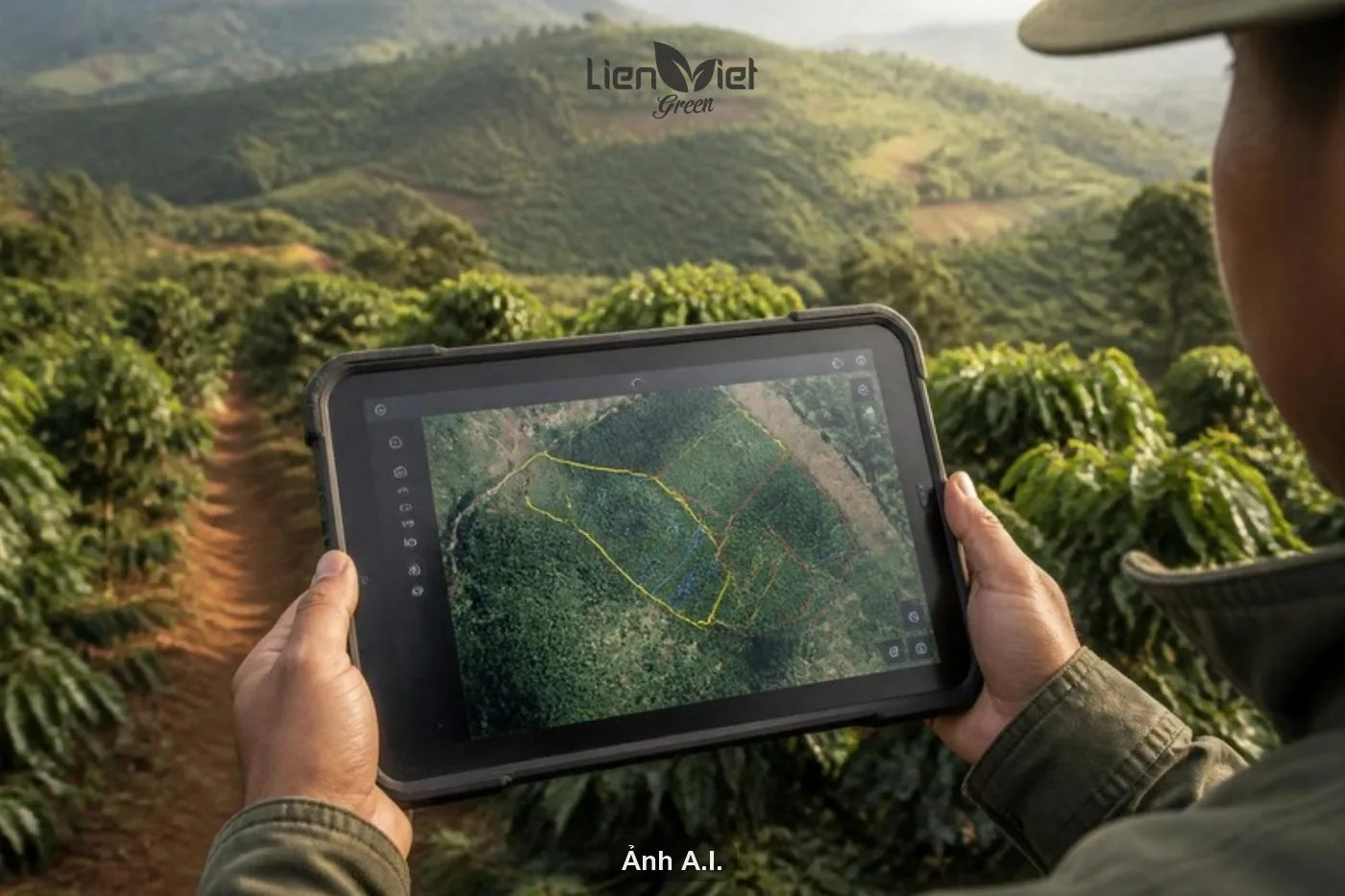 Máy tính bảng hiển thị bản đồ vệ tinh với ranh giới GPS đa giác của từng lô vườn cà phê (ảnh minh hoạ AI)