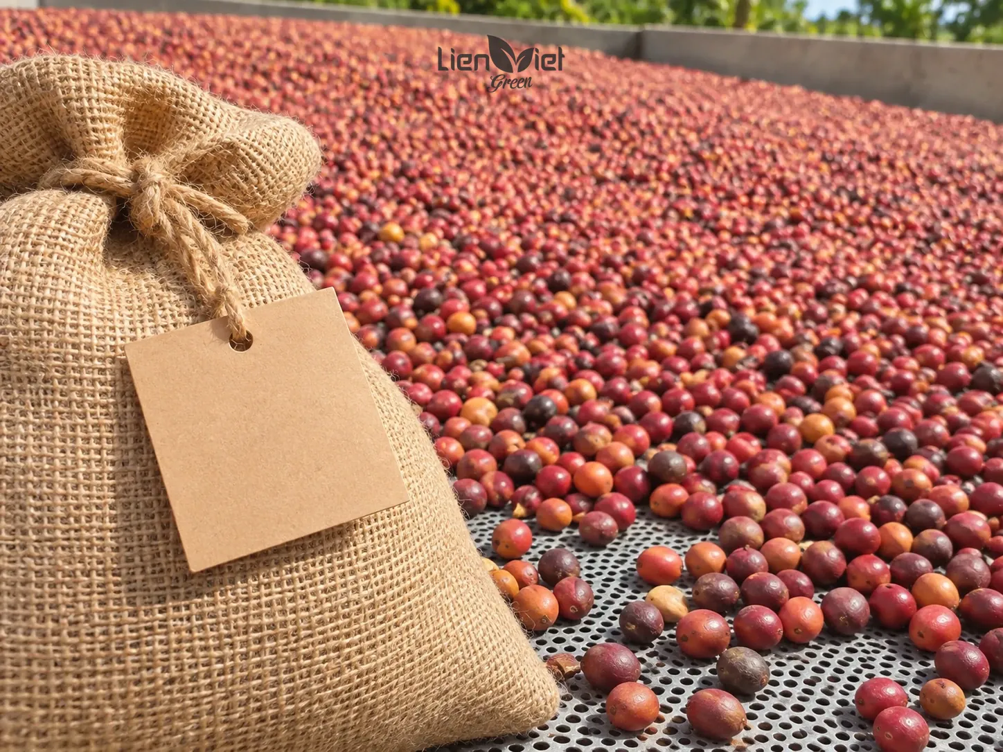 Minh họa: bao tải đay gắn thẻ giấy trên giàn phơi quả cà phê