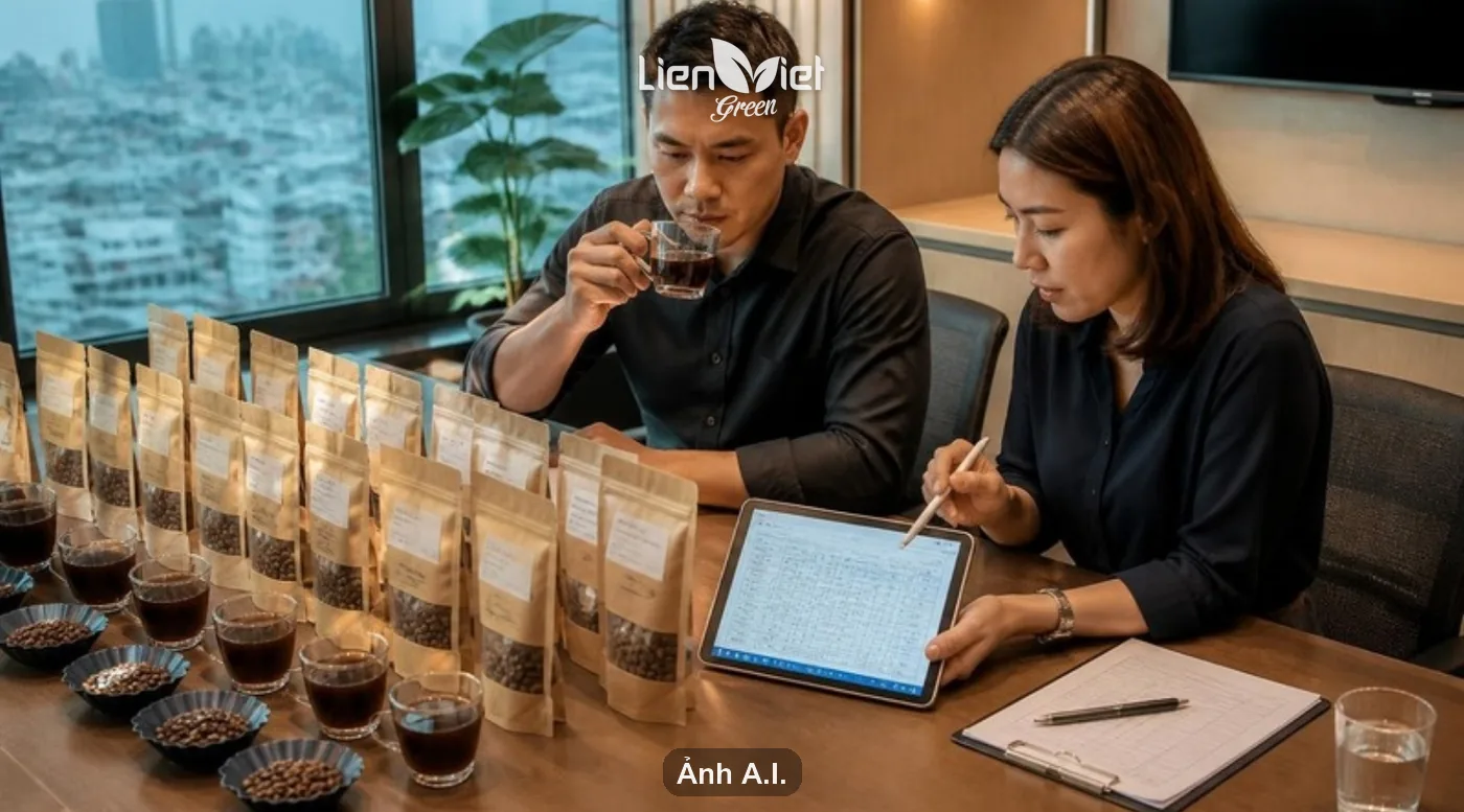Chain managers comparing supplier coffee samples