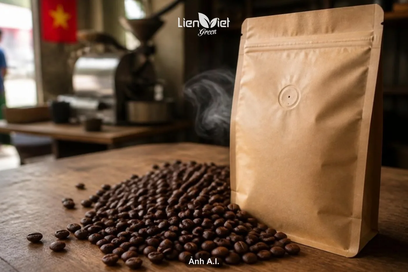Coffee bag with a one-way valve letting CO2 escape after roasting, next to freshly roasted beans (AI illustration)