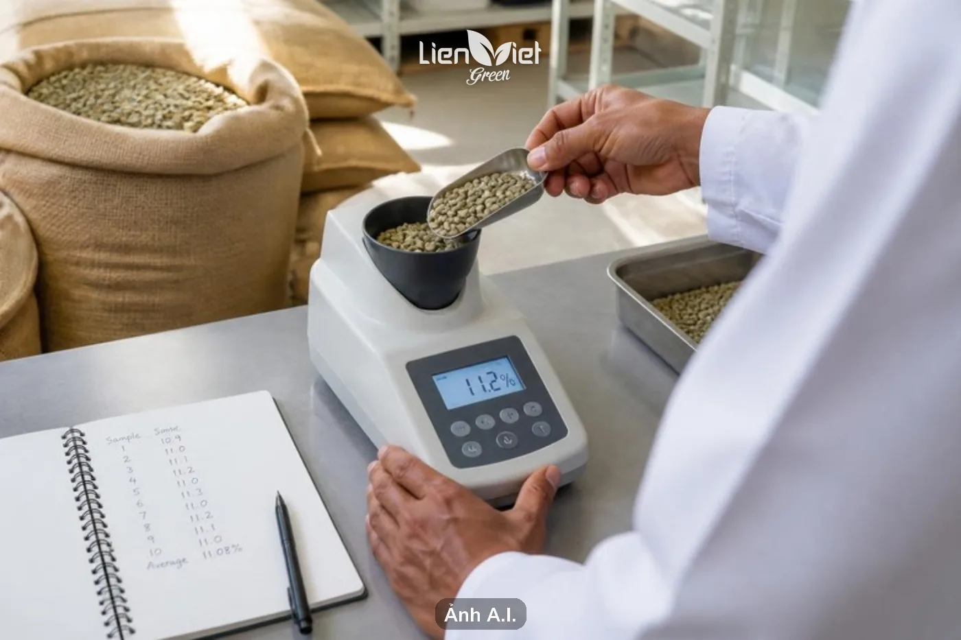 Đo độ ẩm (Moisture Content) cà phê nhân xanh bằng máy đo độ ẩm hạt (ảnh minh hoạ AI)