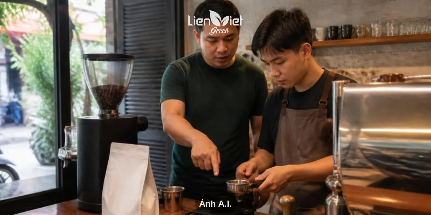 Coaching a barista to dial in the machine at the café