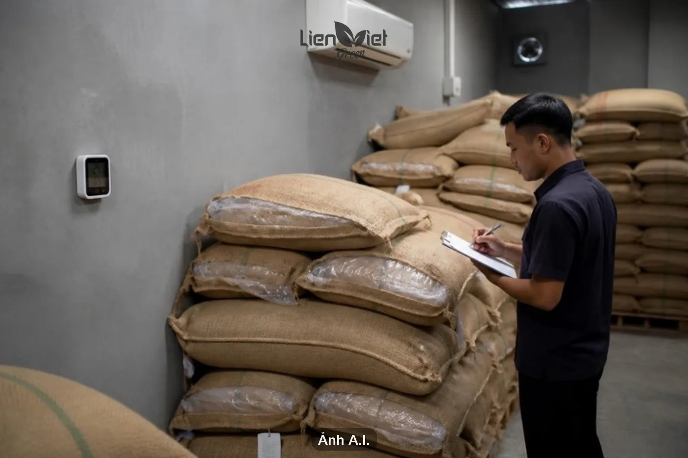 Kho bảo quản nhân xanh: bao cà phê có lớp túi kín khí kê trên pallet, nhiệt ẩm kế theo dõi vi khí hậu (ảnh minh hoạ AI)