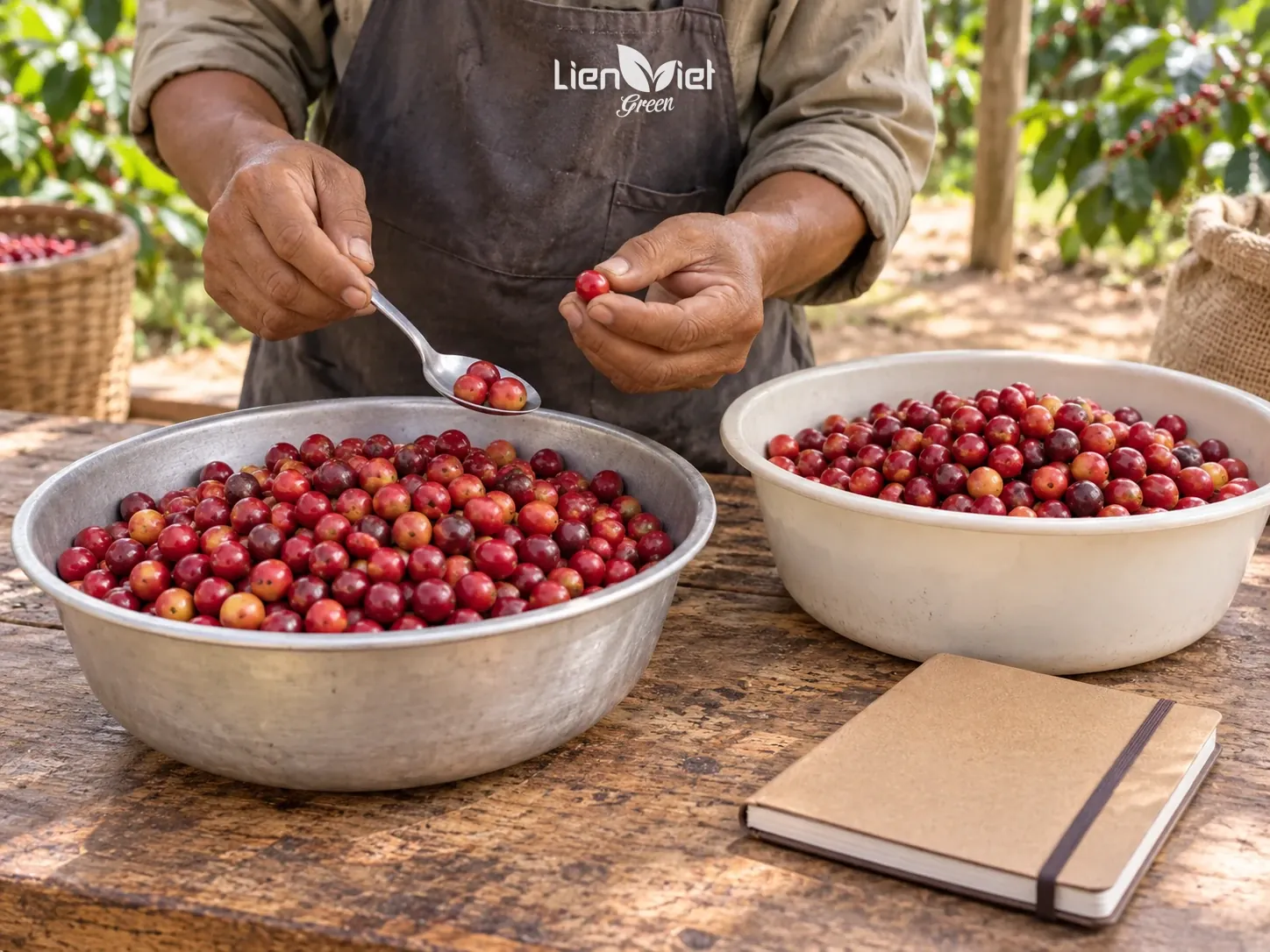 Illustration: checking ripe coffee cherries in steel bowls beside a notebook