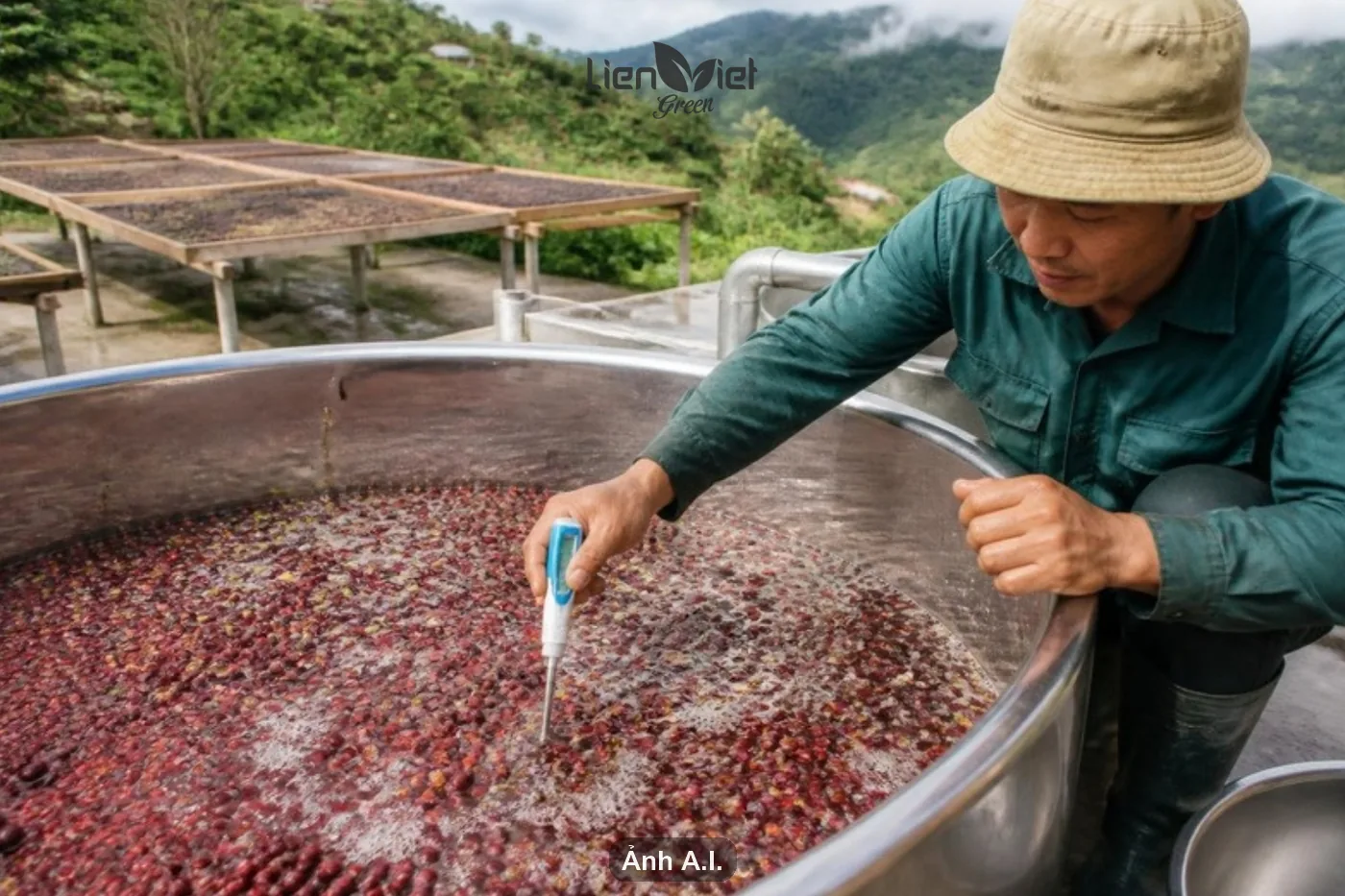 Fermenting coffee cherries in a stainless tank while checking pH (AI illustration)