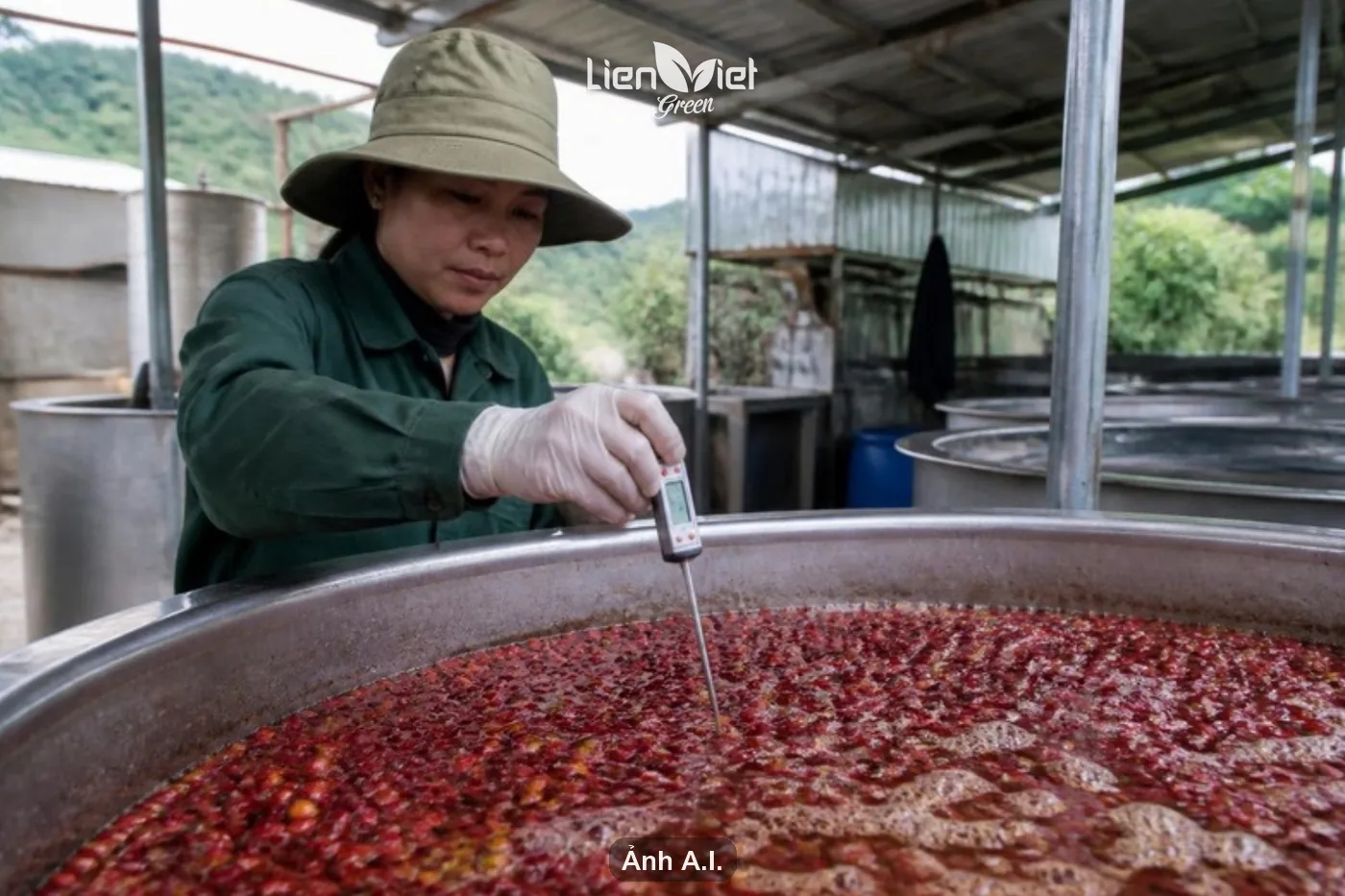 Ripe coffee cherries fermenting in a stainless steel tank while a processor checks the temperature (AI illustration)