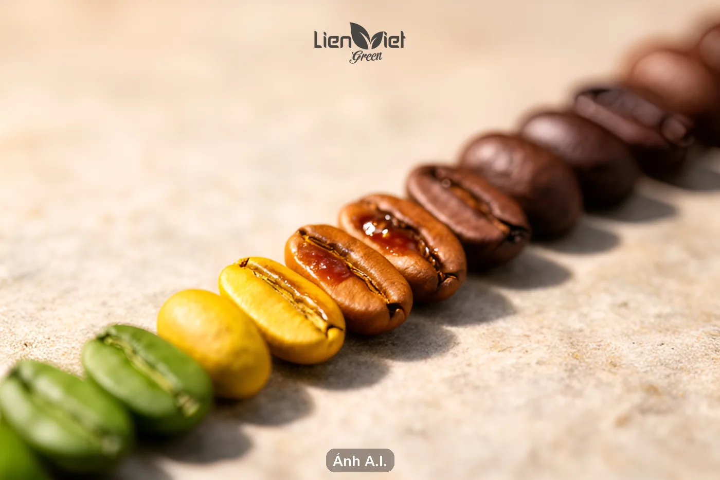 Coffee beans shifting from green to yellow to brown, the visible sign of the Maillard reaction during roasting (AI illustration)