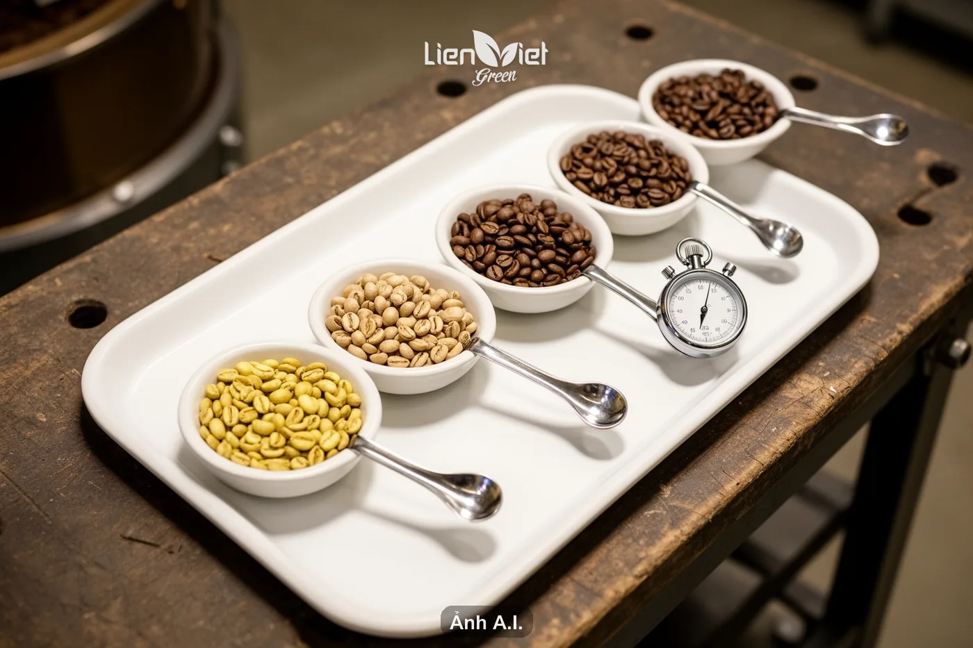 Mẫu hạt lấy ra ở các thời điểm rang, cho thấy màu thay đổi từ giai đoạn sấy sang Maillard (ảnh minh hoạ AI)