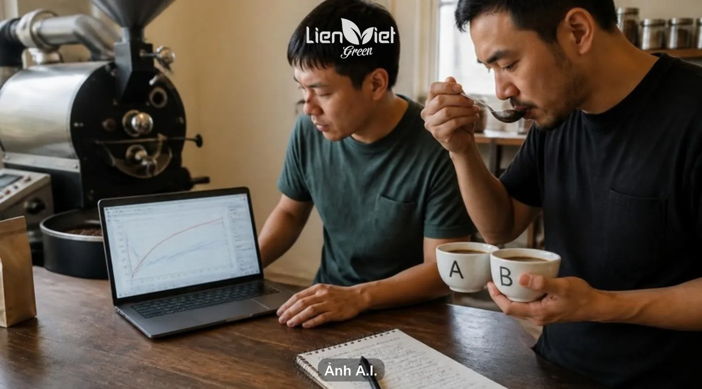 Reviewing the roast curve and cupping two samples side by side