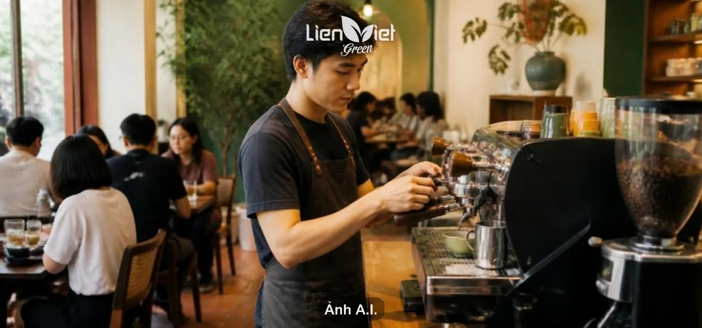 Barista pulling espresso at a café bar