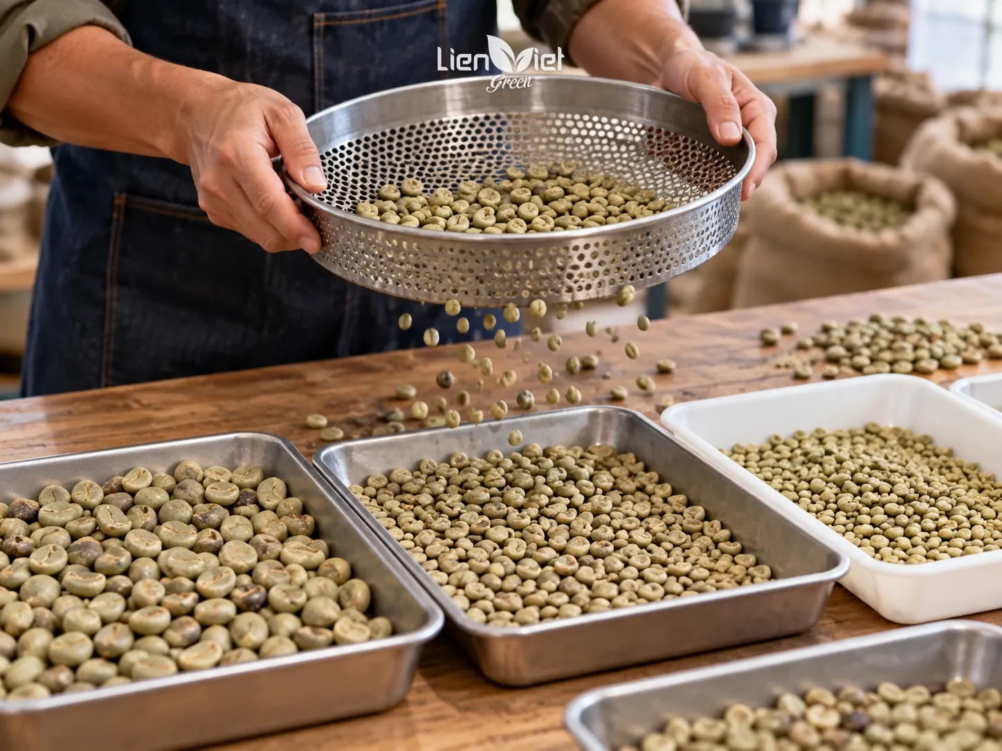 Illustration: sieving green coffee beans into steel trays