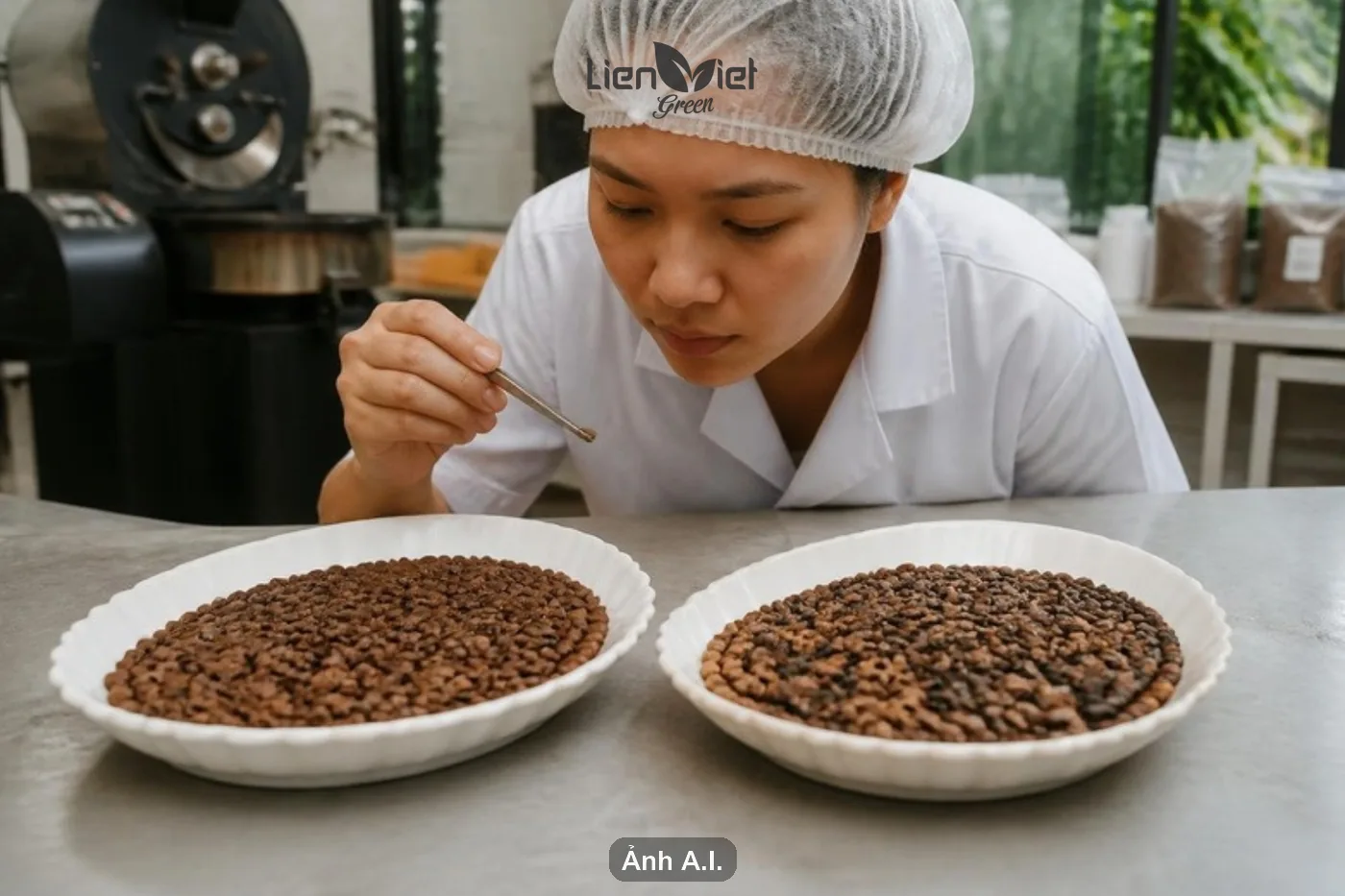 So sánh hai mẻ hạt rang: một mẻ màu rang đồng đều, một mẻ lẫn hạt nhạt và đậm (ảnh minh hoạ AI)
