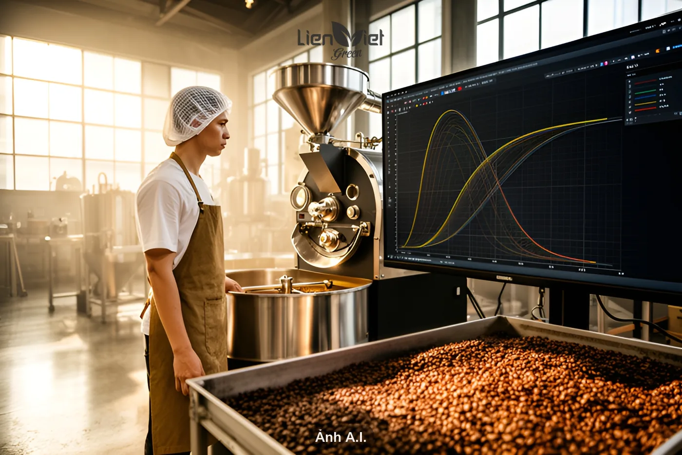 Roaster watching the roast profile curve on a monitor beside the roaster (AI illustration)