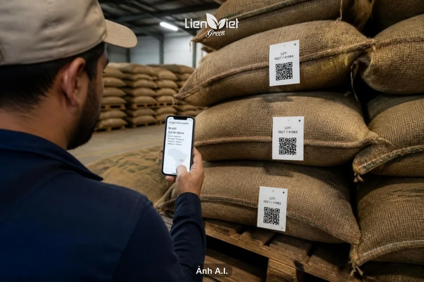 Quét mã QR trên bao cà phê nhân để truy xuất thông tin lô hàng (ảnh minh hoạ AI)