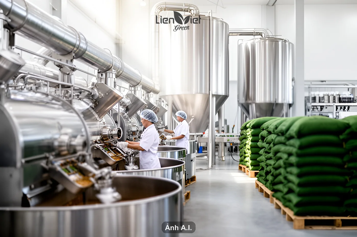 Industrial-scale roastery with a hot-air roaster line, silos and packing area (AI illustration)