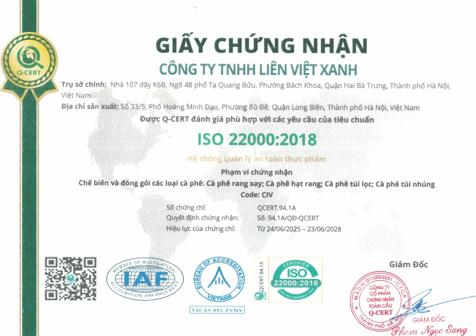 ISO 22000:2018 certificate of CÔNG TY TNHH LIÊN VIỆT XANH (LIEN VIET GREEN), valid until 23/06/2028