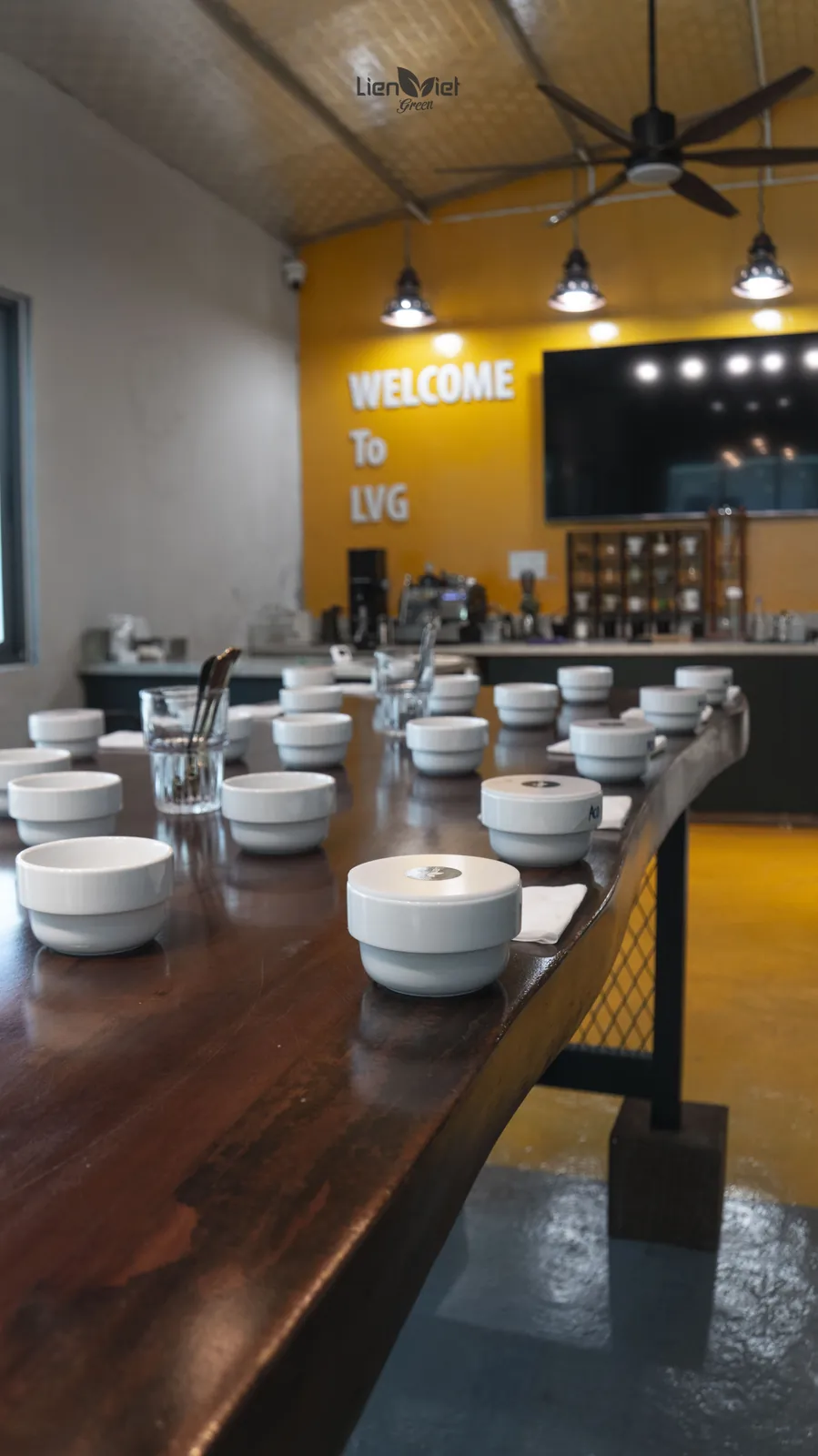 Bàn gỗ dài bày hàng chén cupping trắng kéo về quầy bar tường vàng "Welcome to LVG" dưới đèn thả