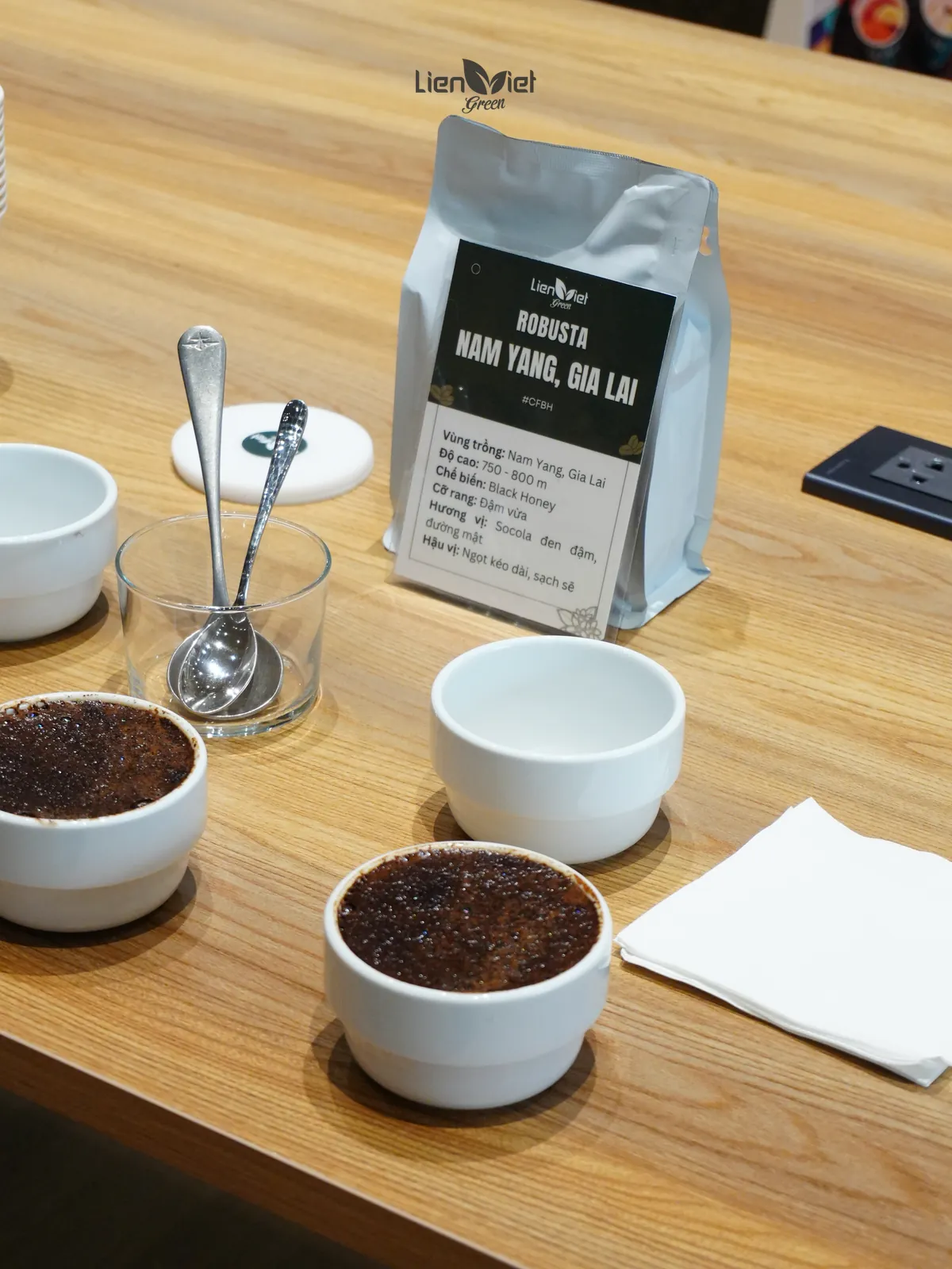 Chén cupping bên túi Robusta Nam Yang của Liên Việt Green, thử nếm để chọn hồ sơ rang cho từng cách pha