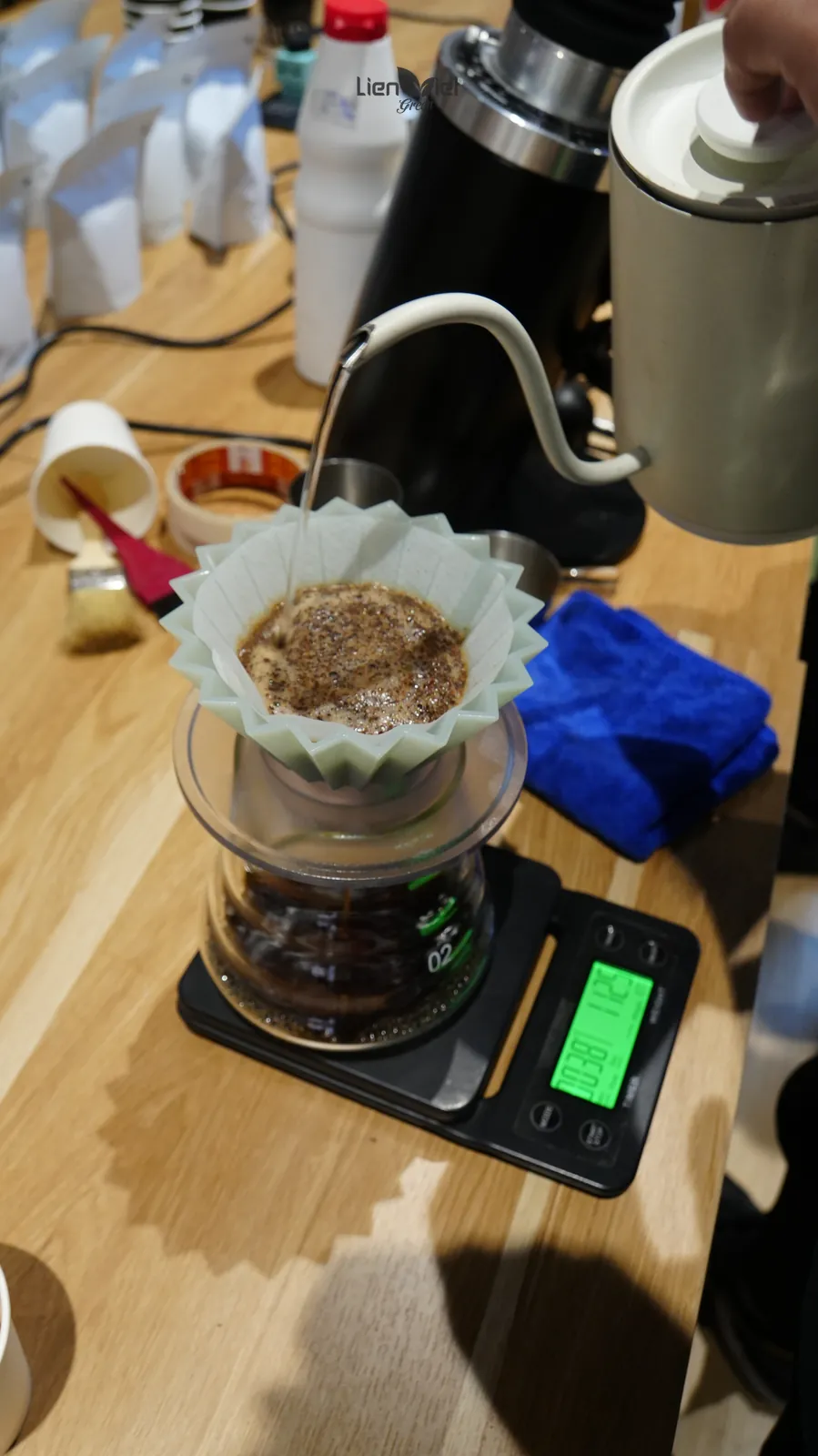 Lớp bột cà phê nở trong phễu giấy khi pha pour-over trên cân điện tử, sự kiện The New Crop