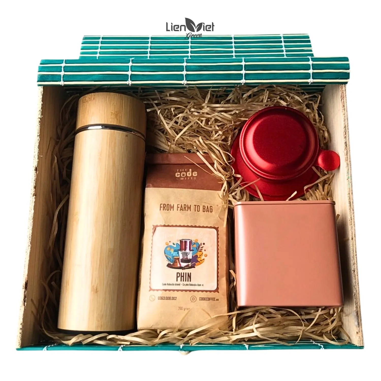 Bamboo gift box with a thermos, phin coffee bag, red phin filter and tin