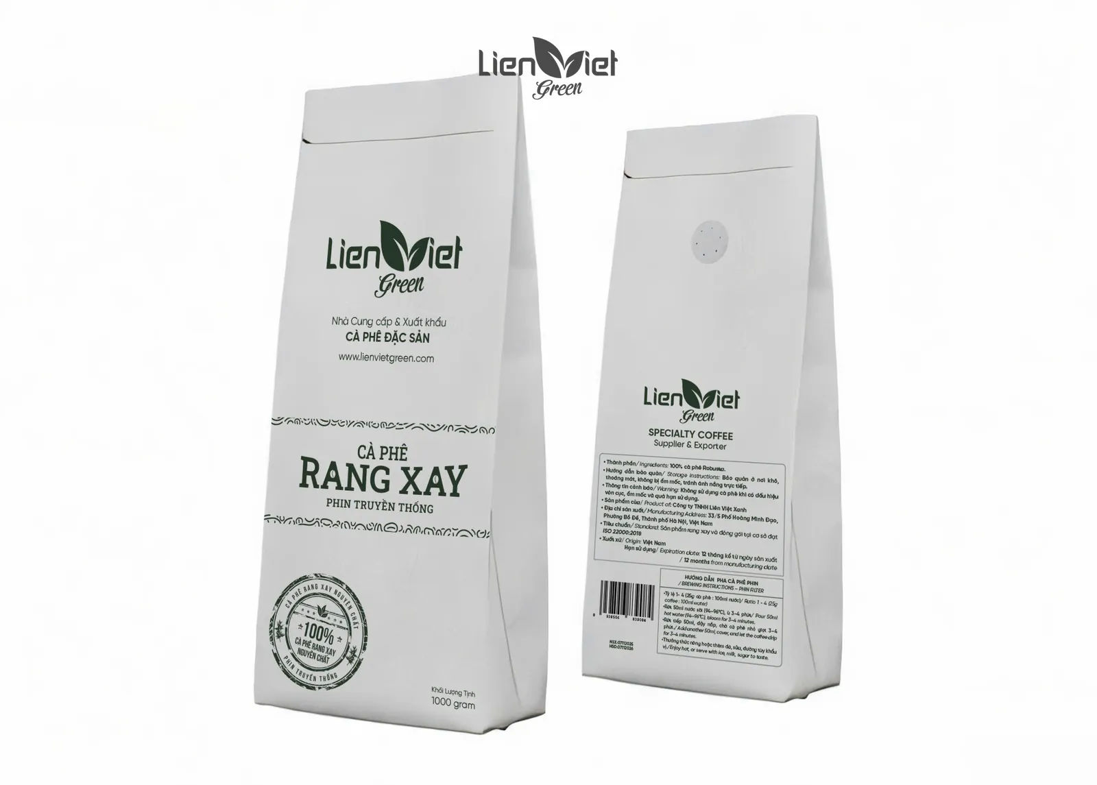 Finished bags of ground coffee