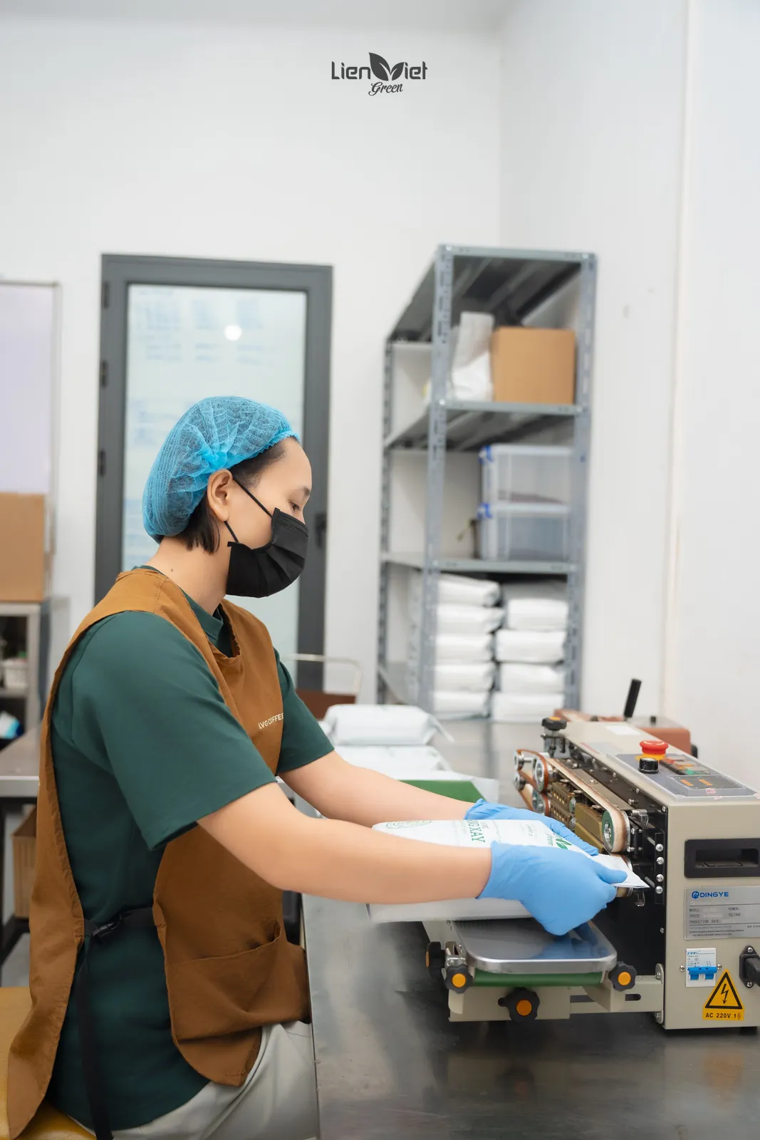 Heat-sealing coffee bags in the packing area