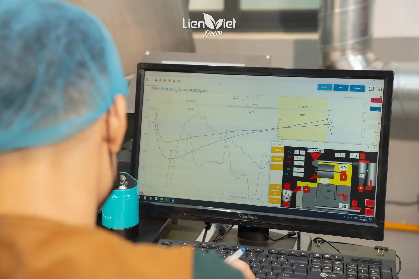 Roast curve on screen at the roastery