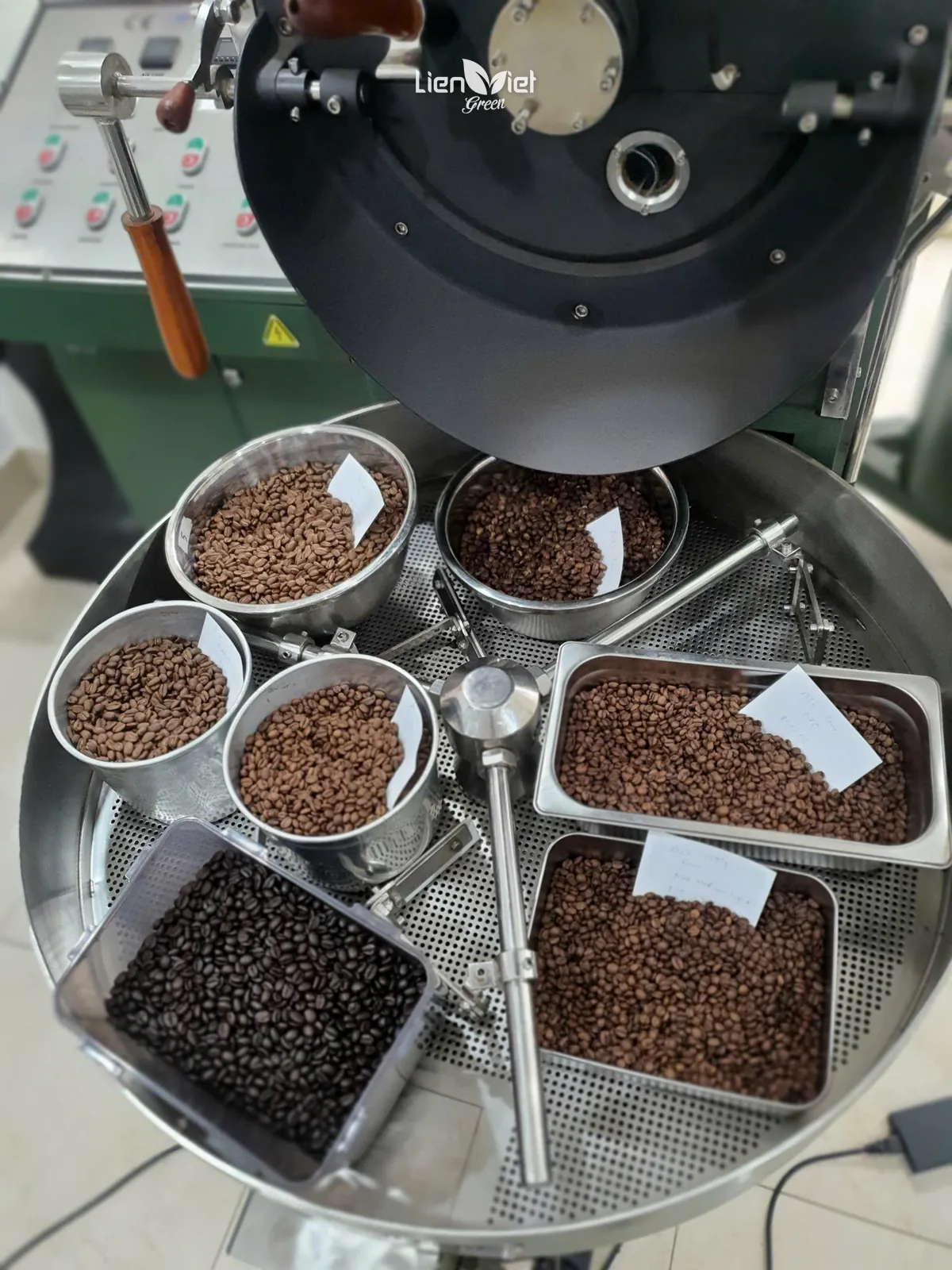 Test-roast sample trays at several roast levels on the roaster's cooling tray